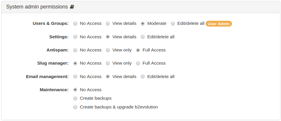 System Admin Permissions Panel