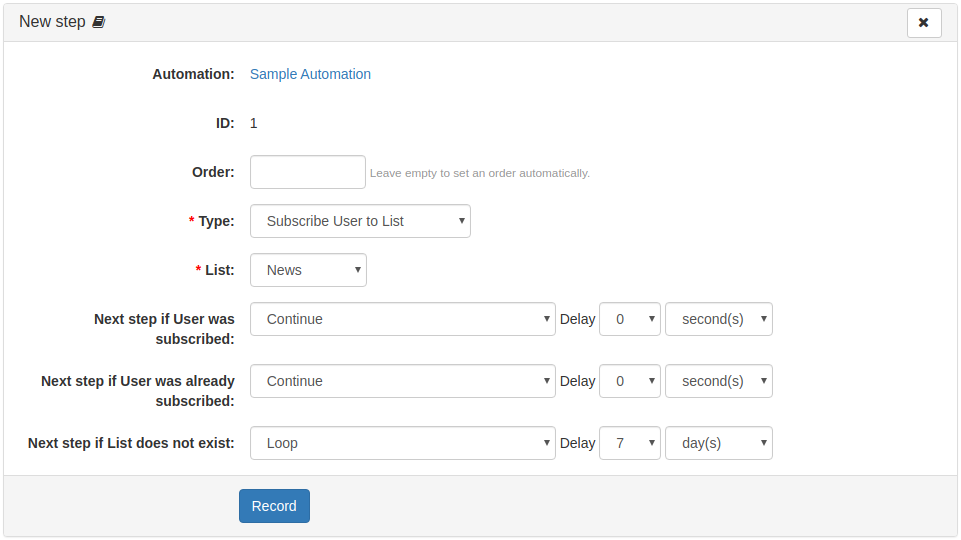 Step action "Subscribe User to List"