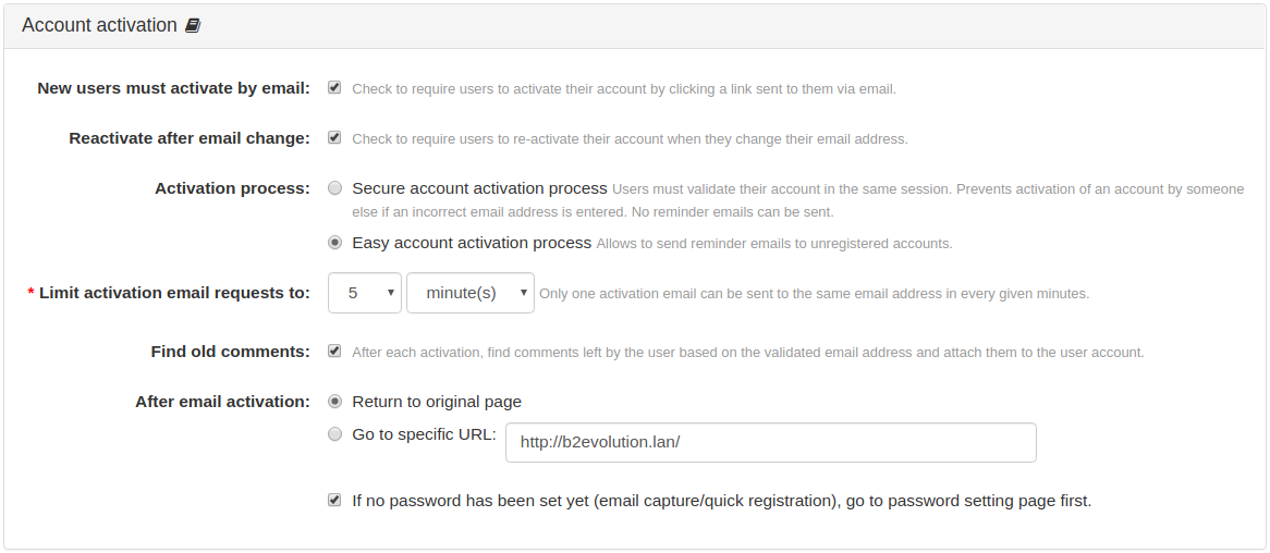 Account Activation Panel