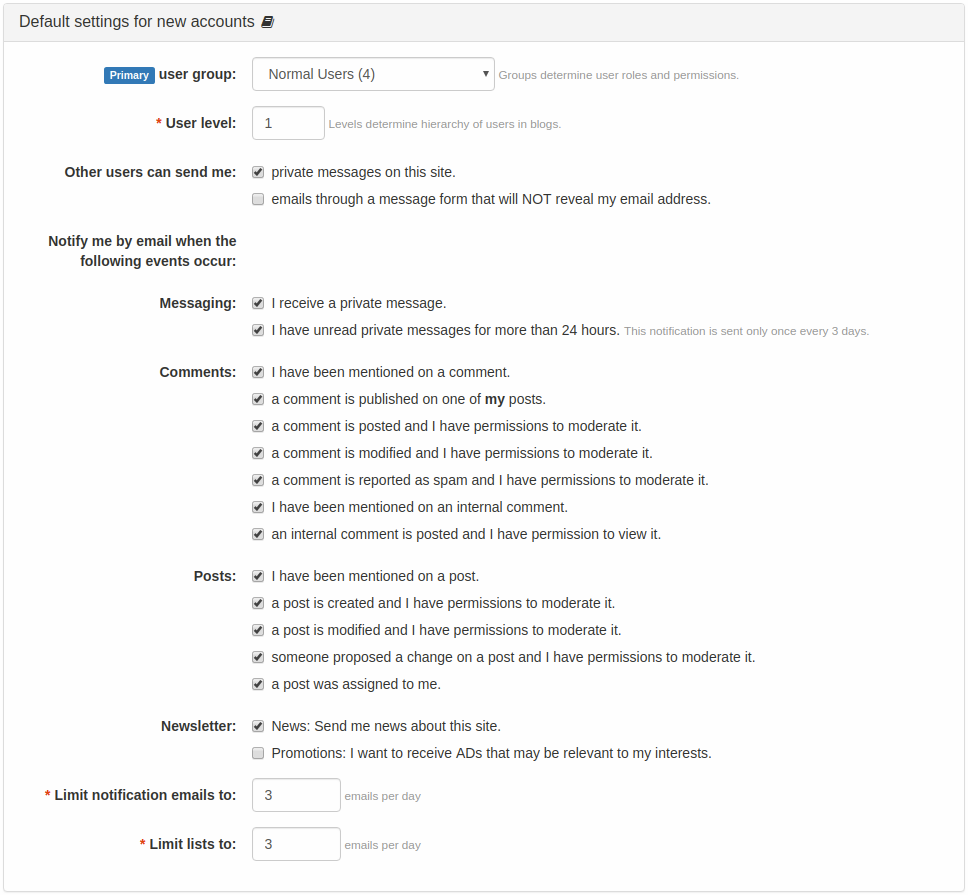 Default Settings for New Accounts Panel