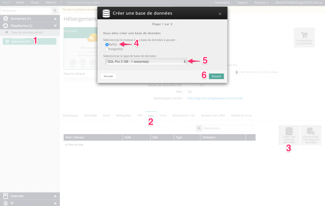 OVH.com - Creating a database