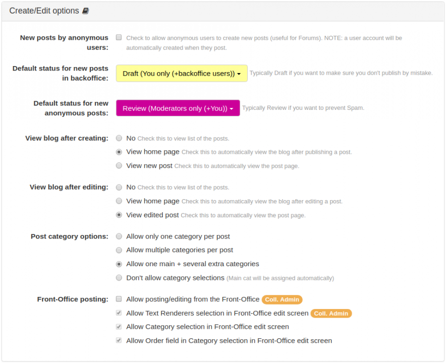 Create/Edit Options Panel