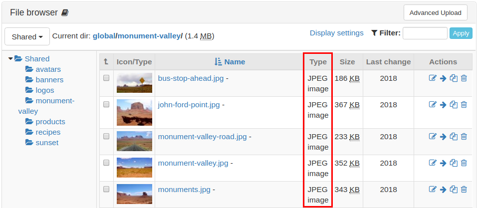 File manager display settings
