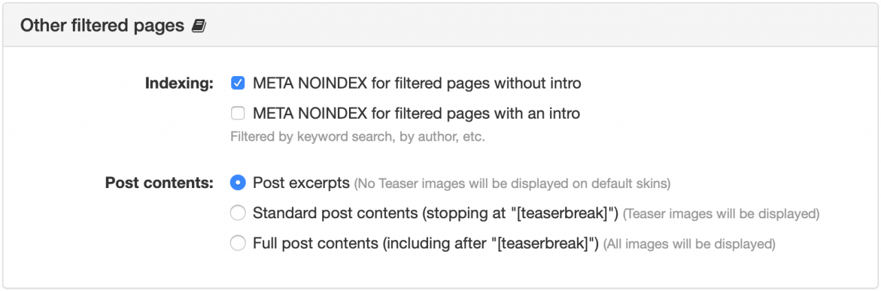 SEO Other Filtered Pages Panel