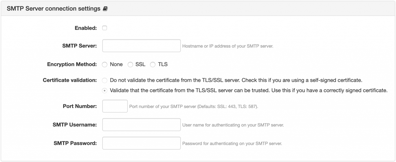 SMTP Server connection settings