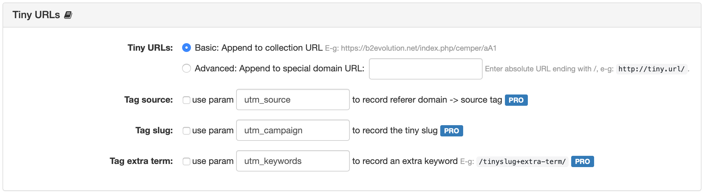 Collection Tiny URLs Settings